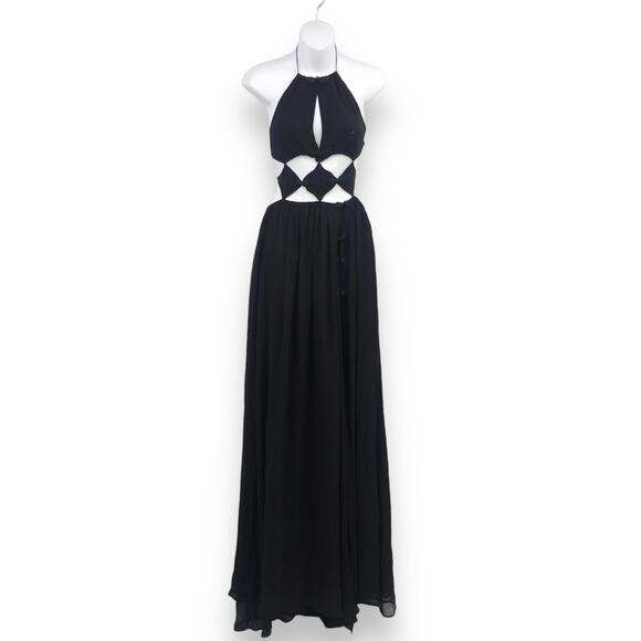SAU-LEE Sydney Silk Cutout Long Dress 2 Halterneck Tie Back Backless Knot Frog - Picture 1 of 10